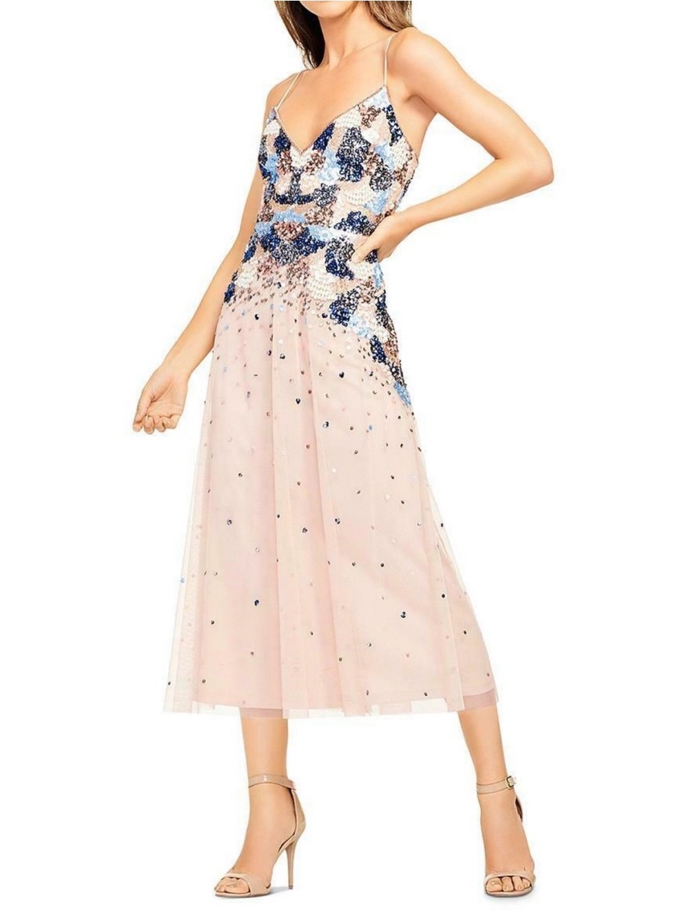 Aidan Mattox Beaded Blush Blue Tulle Midi Dress